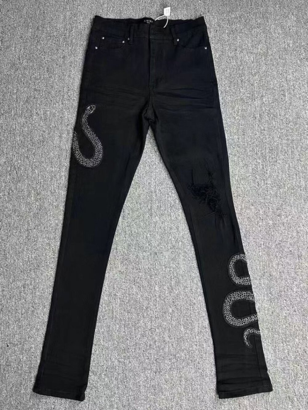 New AMIRI Black Crystal Snake Patch Distressed Skinny Jeans - Size 26